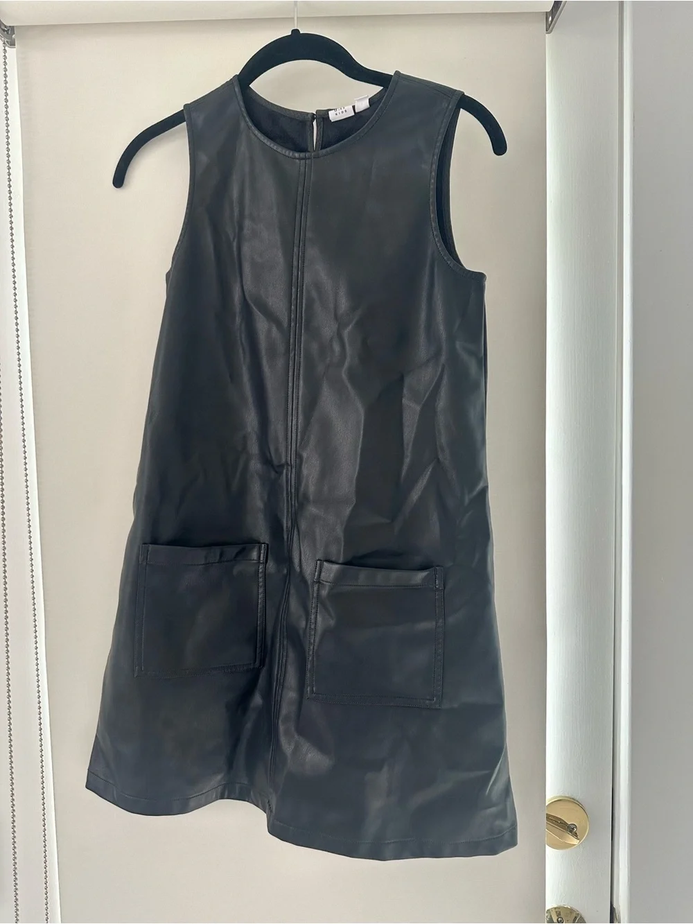 GAP Black Faux Leather Sleeveless Shift Dress with Front Pockets